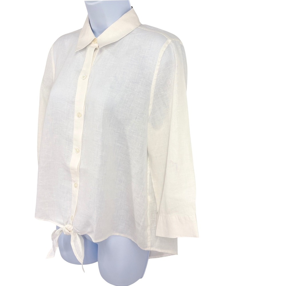Chico's Linen Shirt Womens 1P M/8 White Lydia No Iron Tie Front Classic NWT - Picture 3 of 13